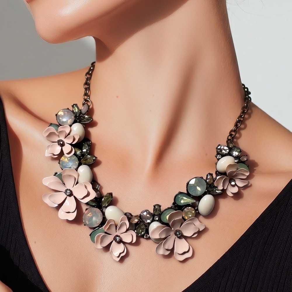 Pink Enamel Flower Statement Necklace Brass Tone Crystal Bib Floral Jewelry
